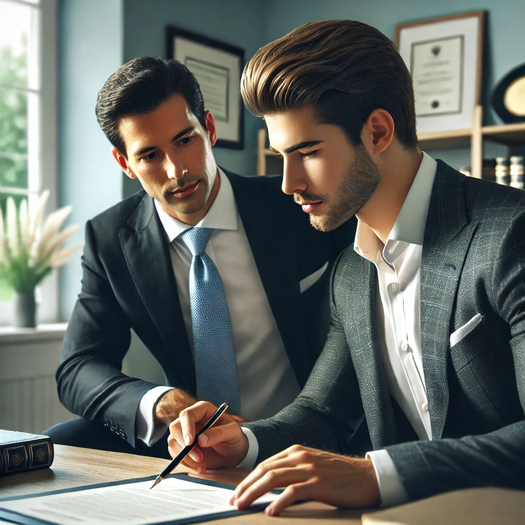 DALL·E 2024-09-23 15.02.08 - A realistic scene of a young attorney and his client sitting together in his office, both looking over some papers. The attorney, in his early 30s wit