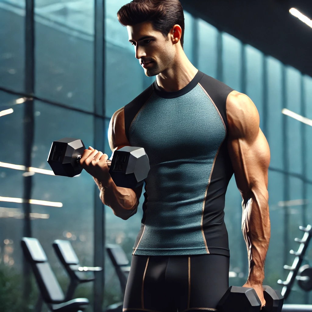 DALL·E 2024-10-14 19.41.30 - A sophisticated, muscular man performing bicep curls, now wearing stylish workout clothes. He is dressed in a fitted, sleeveless athletic shirt with m