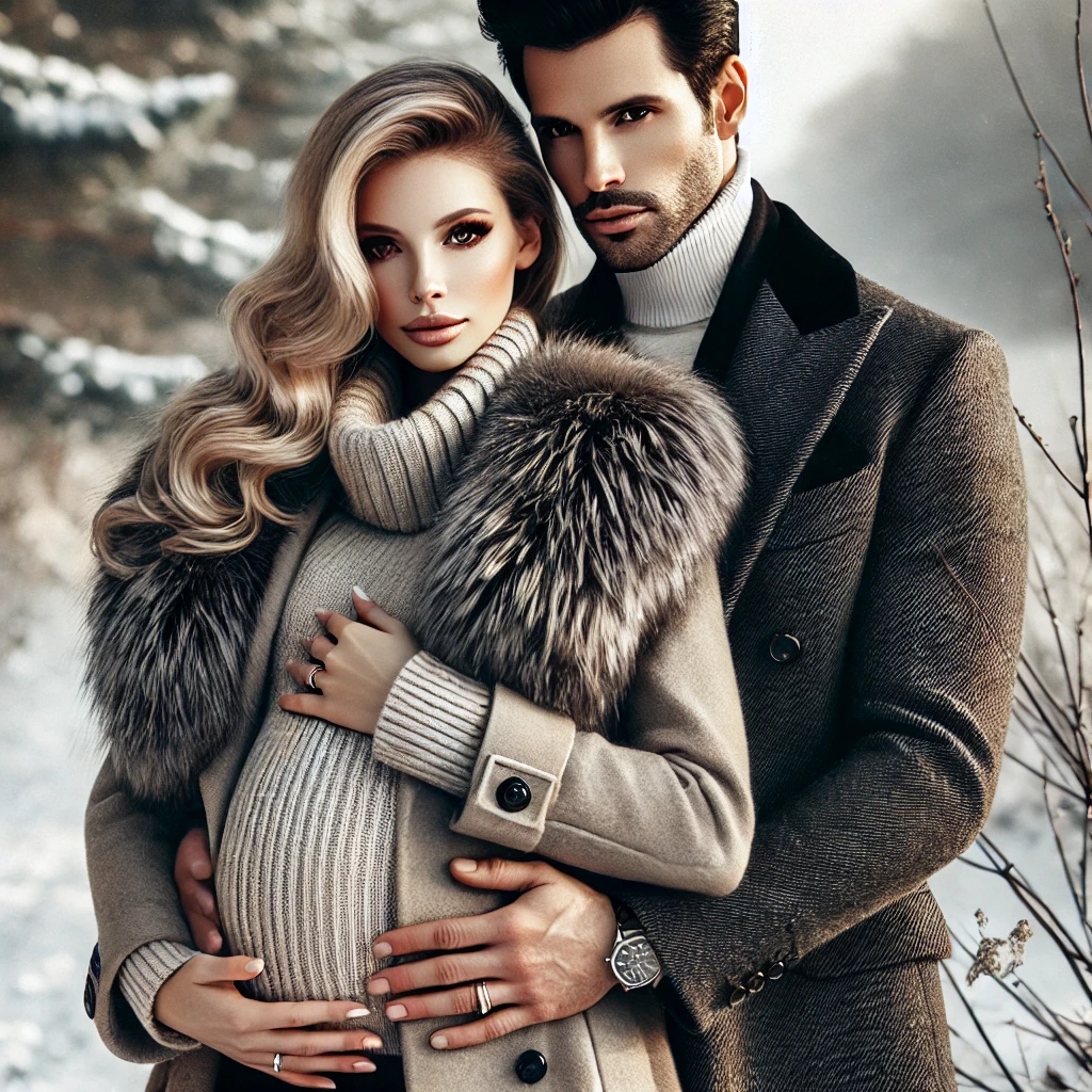 DALL·E 2024-10-29 20.24.15 - A classy winter scene featuring an elegant pregnant woman embracing her strong, well-dressed husband. The woman wears a sophisticated winter coat with