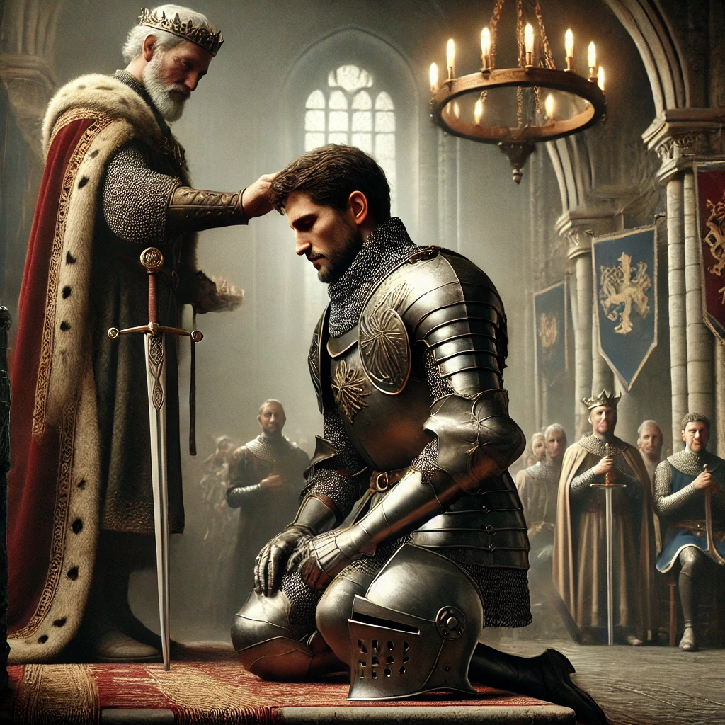 DALL·E 2025-02-19 17.47.44 – A highly realistic depiction of a powerful knight kneeling before a noble or royal figure as he is being knighted in a grand medieval hall. The knight DALL·E 2025-02-19 17.47.44 - A highly realistic depiction of a powerful knight kneeling before a noble or royal figure as he is being knighted in a grand medieval hall. The knight