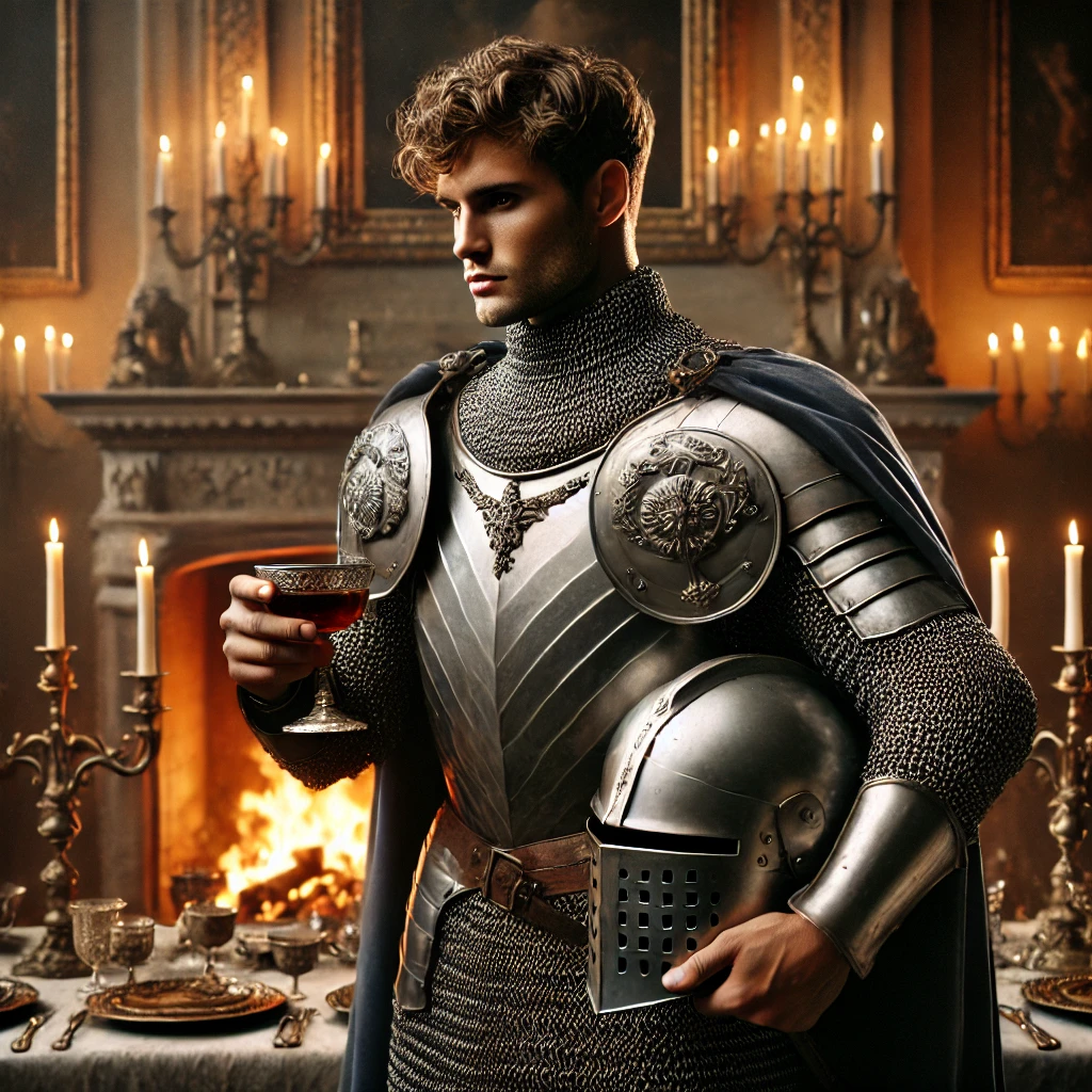 DALL·E 2025-02-19 18.25.30 - A highly realistic depiction of a powerful young knight in his late twenties standing in front of a grand fireplace at a formal dinner. He wears finel