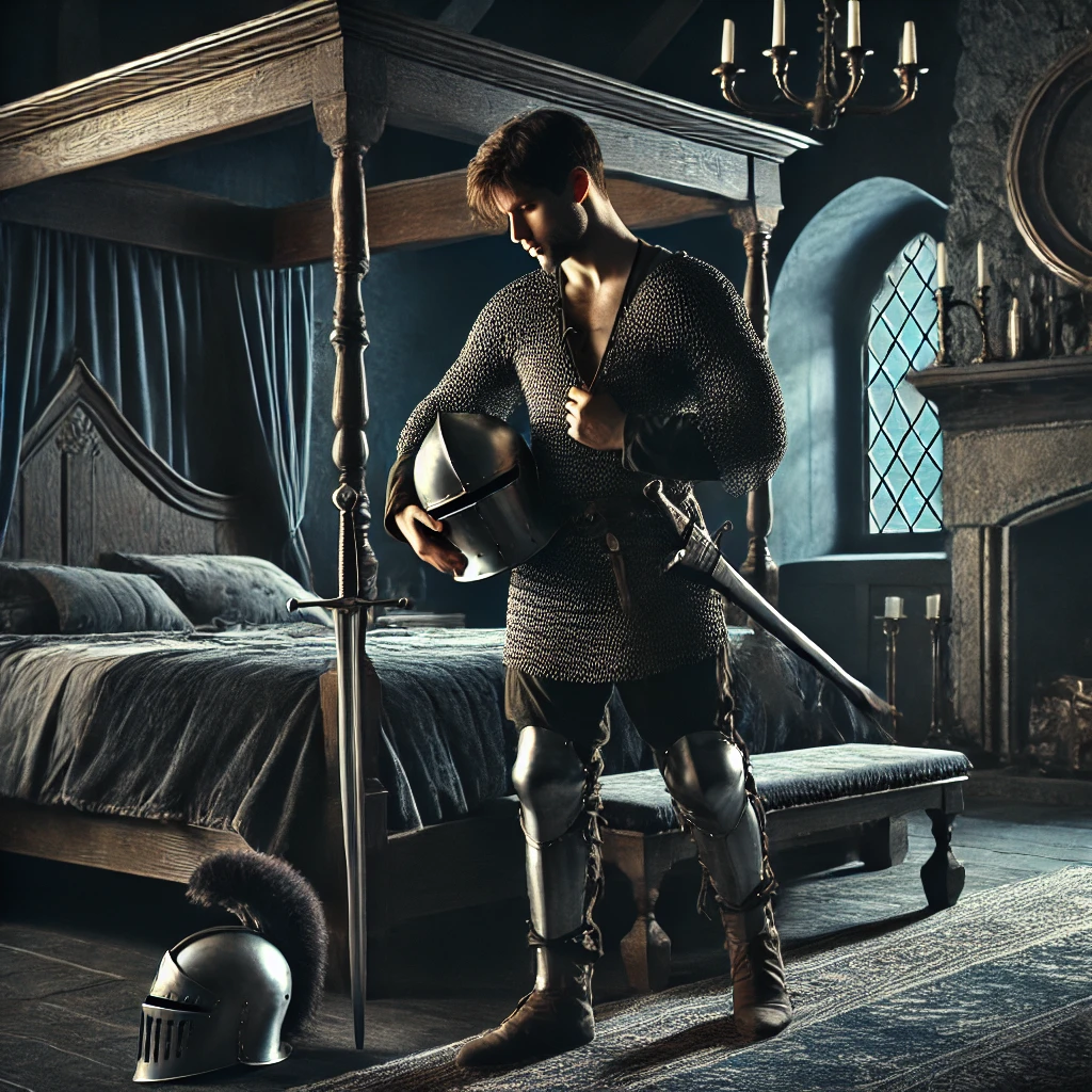 DALL·E 2025-02-19 18.38.17 - A highly realistic depiction of a powerful young knight in his late twenties standing in a large, masculine bedroom, setting down his helmet, sword, a