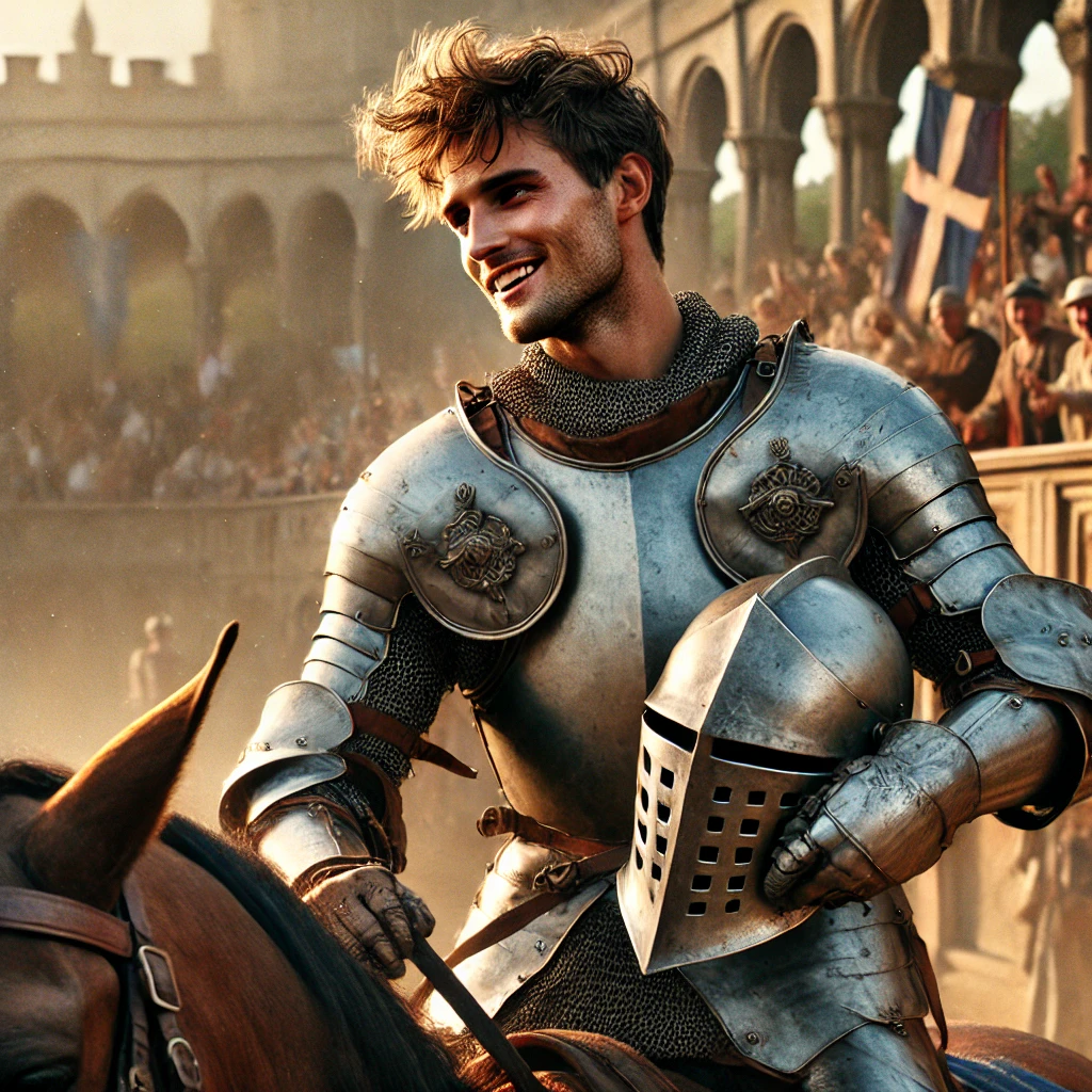 DALL·E 2025-02-19 20.11.19 – A highly realistic depiction of a powerful young knight in his late twenties riding off the jousting field with a victorious smile. He wears finely cr DALL·E 2025-02-19 20.11.19 - A highly realistic depiction of a powerful young knight in his late twenties riding off the jousting field with a victorious smile. He wears finely cr
