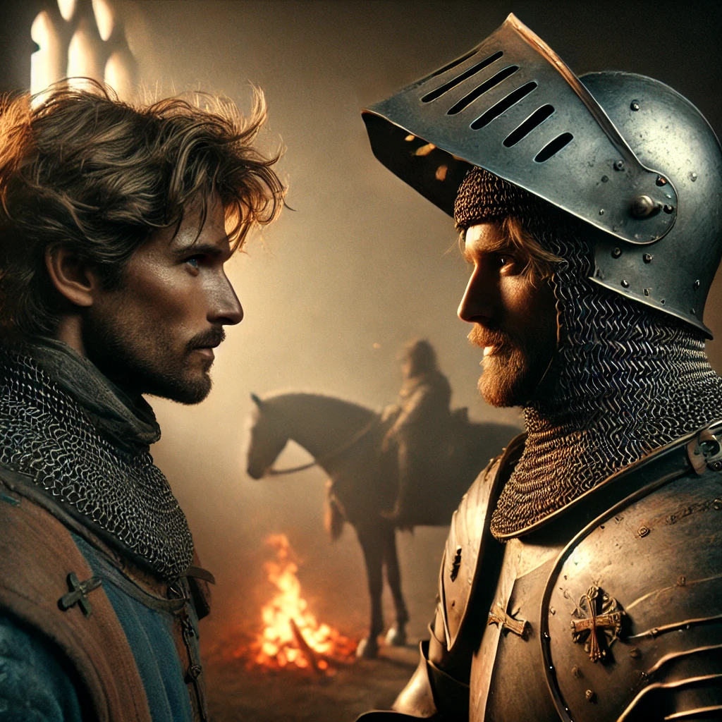 DALL·E 2025-02-20 15.54.48 – A highly realistic and deeply emotional depiction of two knights engaged in a meaningful conversation. Both warriors, clad in finely crafted plate and DALL·E 2025-02-20 15.54.48 - A highly realistic and deeply emotional depiction of two knights engaged in a meaningful conversation. Both warriors, clad in finely crafted plate and