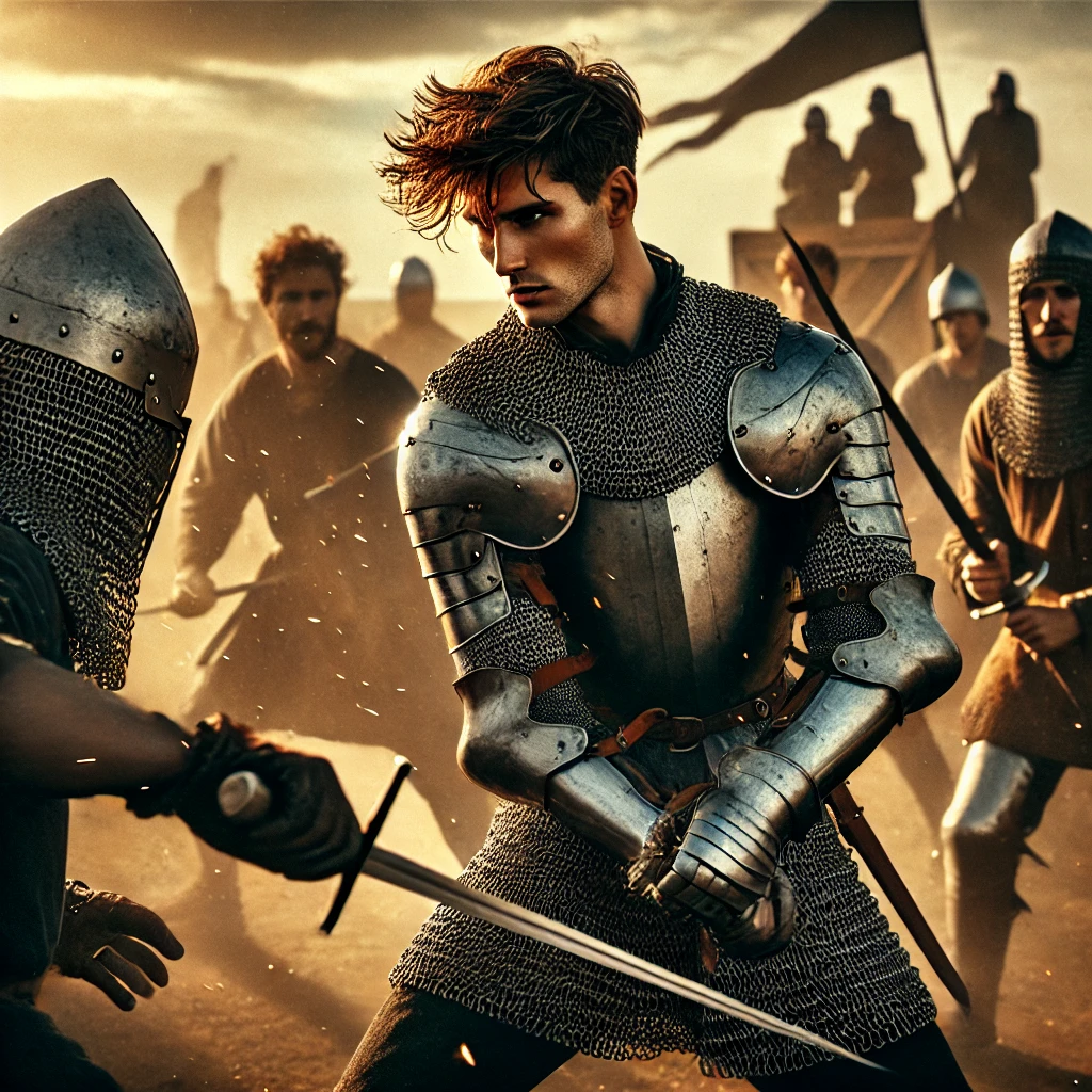 DALL·E 2025-02-20 16.48.07 - A highly dramatic and realistic depiction of knights training in chain mail armor on a medieval training ground. The powerful young knight in his earl