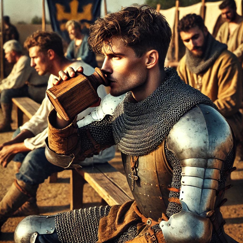 DALL·E 2025-02-20 20.20.42 - A highly realistic and detailed depiction of a young knight in his early twenties taking a break from intense training, drinking water alongside his f