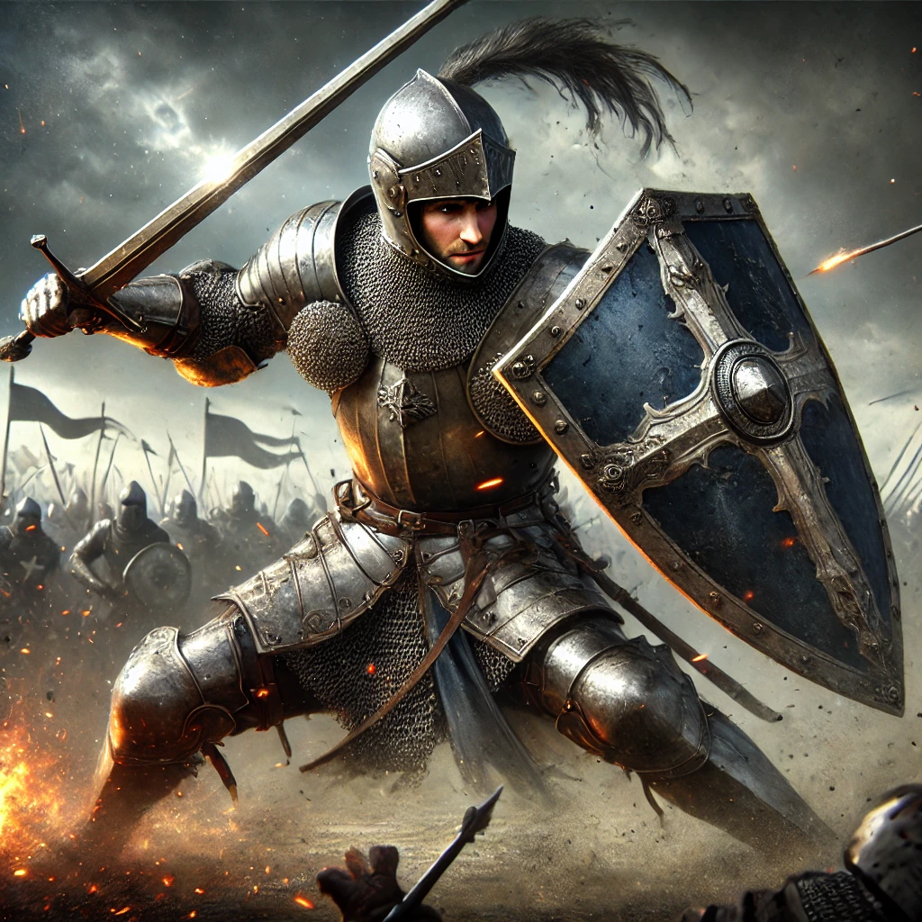 DALL·E 2025-02-20 22.06.17 - A highly realistic and intense depiction of a young knight in his early twenties skillfully deflecting attacks during a fierce battle. He wears finely