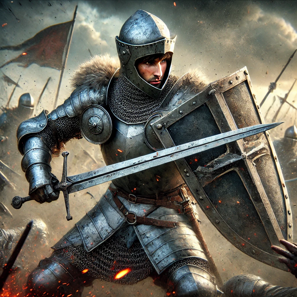 DALL·E 2025-02-20 22.11.07 - A highly realistic and intense depiction of a young knight in his early twenties skillfully deflecting attacks during a fierce battle. He wears finely