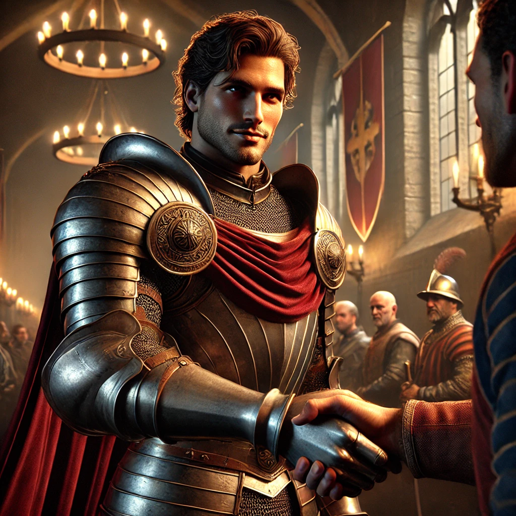 DALL·E 2025-02-25 10.59.47 – An ultra-realistic, powerful, and youthful medieval knight in his early twenties, shaking hands firmly with another knight in a grand medieval hall. H DALL·E 2025-02-25 10.59.47 - An ultra-realistic, powerful, and youthful medieval knight in his early twenties, shaking hands firmly with another knight in a grand medieval hall. H