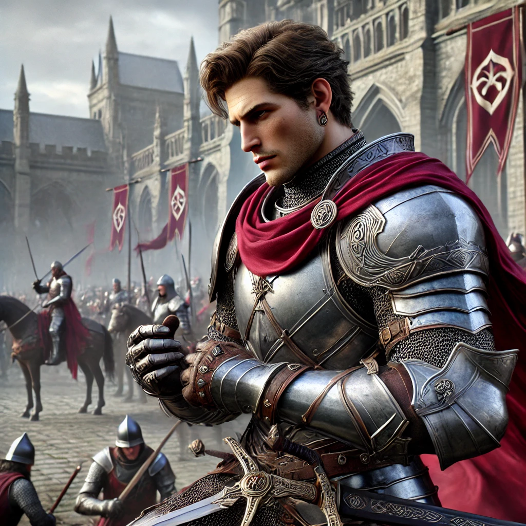 DALL·E 2025-02-25 11.03.48 - An ultra-realistic, powerful, and youthful medieval knight in his early twenties, preparing for battle in a grand castle courtyard. His sharp jawline,