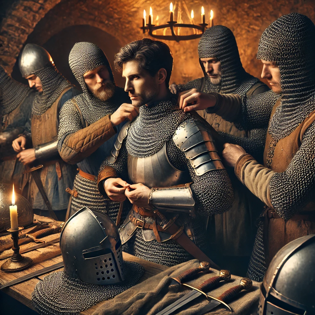 DALL·E 2025-02-25 11.27.21 - A group of medieval knights preparing for battle, putting on their chain mail armor. The scene is set in a dimly lit stone chamber with torches castin