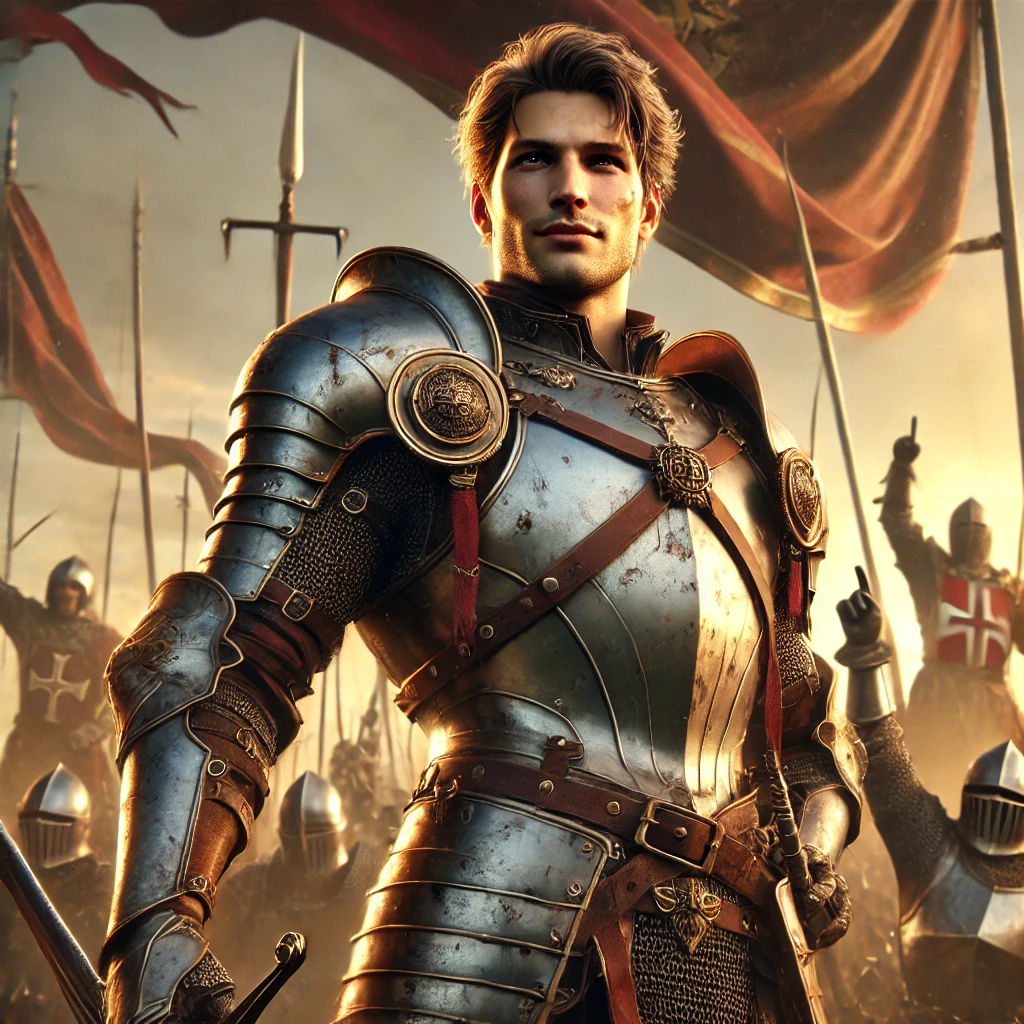 DALL·E 2025-02-25 14.14.39 - A highly realistic depiction of a powerful medieval commander in his twenties, standing tall and radiating strength after a glorious victory. His yout