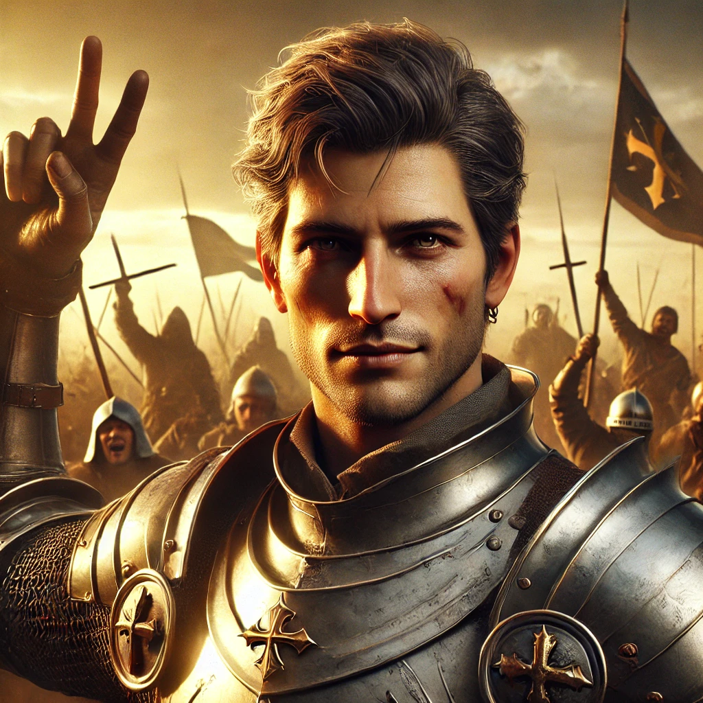 DALL·E 2025-02-25 14.15.35 – A highly realistic depiction of a powerful medieval commander in his twenties, standing tall and radiating strength after a glorious victory. His yout DALL·E 2025-02-25 14.15.35 - A highly realistic depiction of a powerful medieval commander in his twenties, standing tall and radiating strength after a glorious victory. His yout
