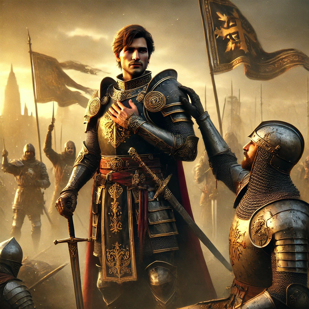 DALL·E 2025-02-25 14.30.00 - A highly realistic depiction of a powerful medieval commander in his twenties, resembling the previous knights, standing tall and exuding strength aft