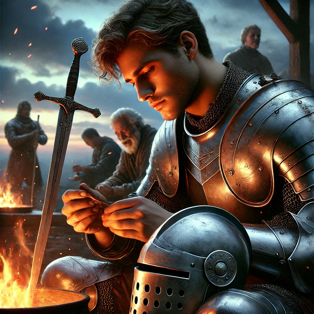 DALL·E 2025-02-25 16.38.28 - A highly realistic and emotionally engaging illustration of a fine young knight maintaining his armor in the evening. He sits beside a crackling fire,
