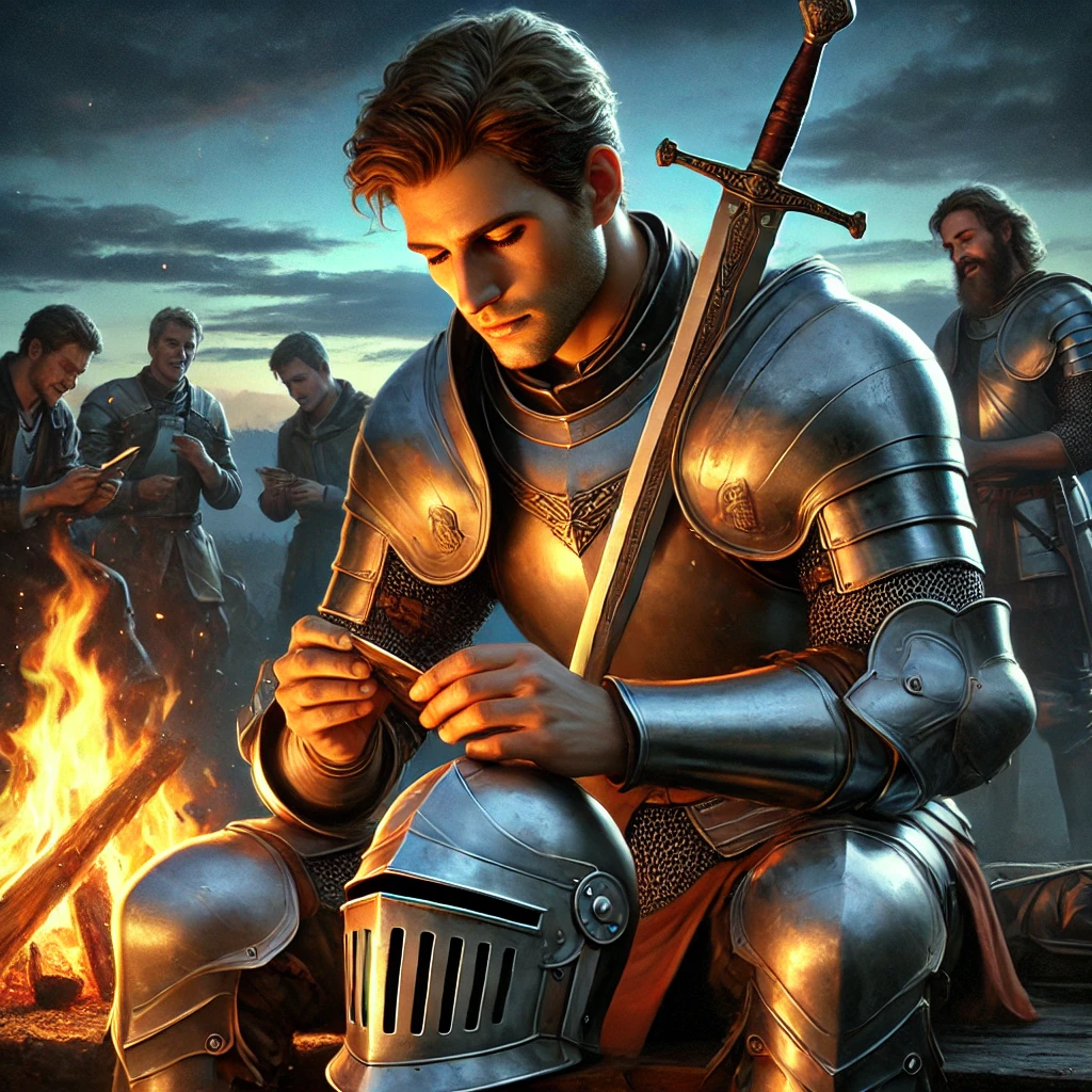 DALL·E 2025-02-25 16.40.08 – A highly realistic and emotionally engaging illustration of a fine young knight maintaining his armor in the evening. He sits beside a crackling fire, DALL·E 2025-02-25 16.40.08 - A highly realistic and emotionally engaging illustration of a fine young knight maintaining his armor in the evening. He sits beside a crackling fire,