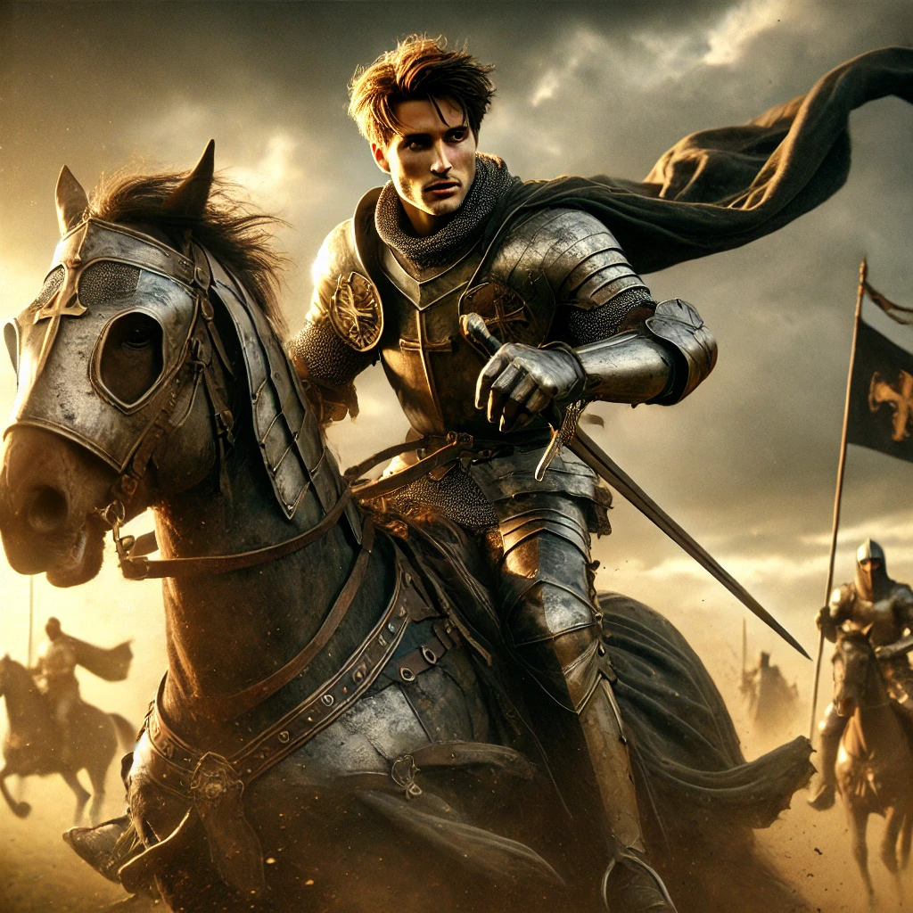 DALL·E 2025-02-25 17.03.01 - A highly realistic and cinematic scene of a fine young knight charging into battle with an undeniable spirit of courage. His chiseled face is filled w