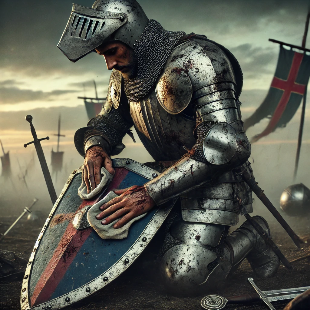 DALL·E 2025-02-26 13.17.40 – A battle-worn knight kneeling on the ground, carefully cleaning his shield after a fierce battle. His armor is scratched and dented, with traces of mu DALL·E 2025-02-26 13.17.40 - A battle-worn knight kneeling on the ground, carefully cleaning his shield after a fierce battle. His armor is scratched and dented, with traces of mu