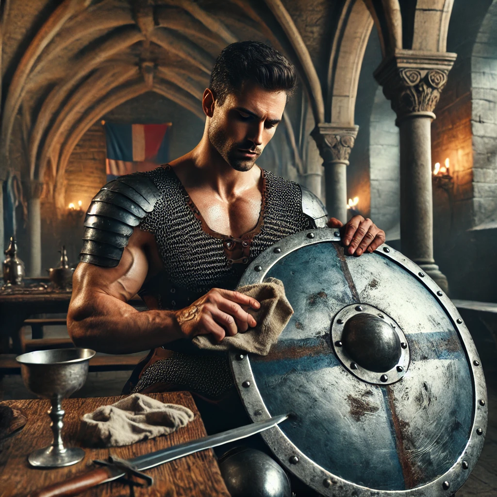 DALL·E 2025-02-26 13.23.59 - A strong, clean-shaven medieval knight sitting in a grand stone castle, carefully cleaning his steel shield after battle. He is wearing chain mail tha