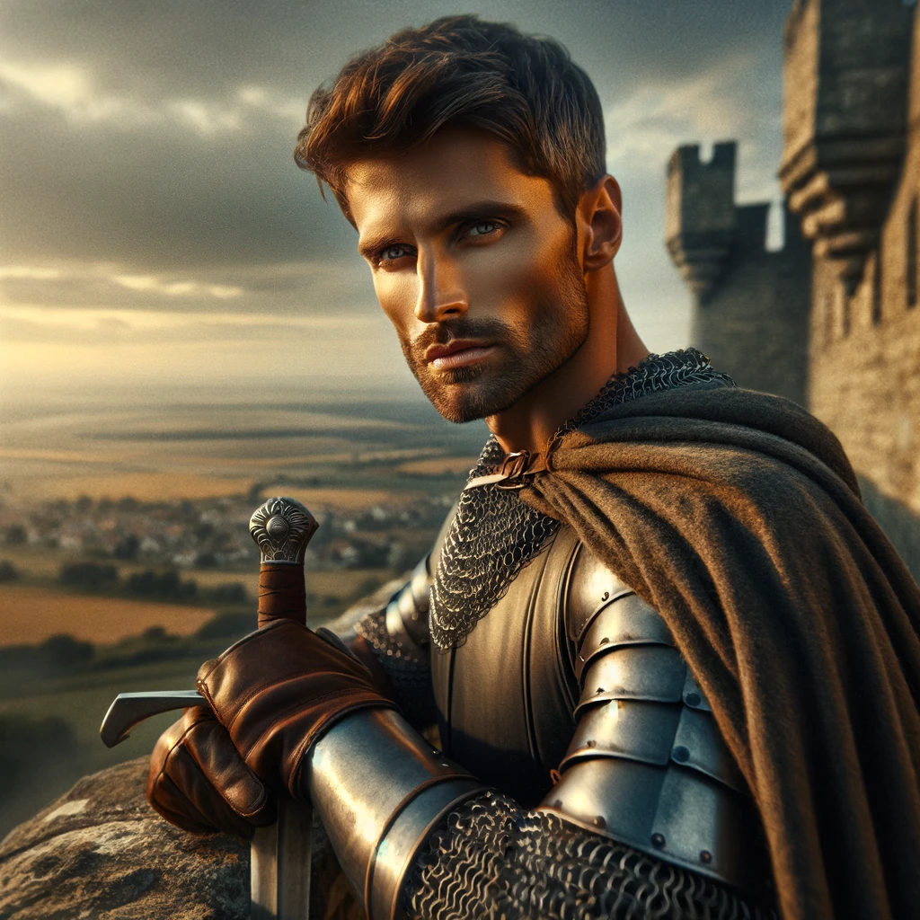 DALL·E 2025-02-26 14.15.41 - A highly realistic and deeply emotional depiction of a strong, confident medieval knight in his early thirties, standing on the battlements of a grand
