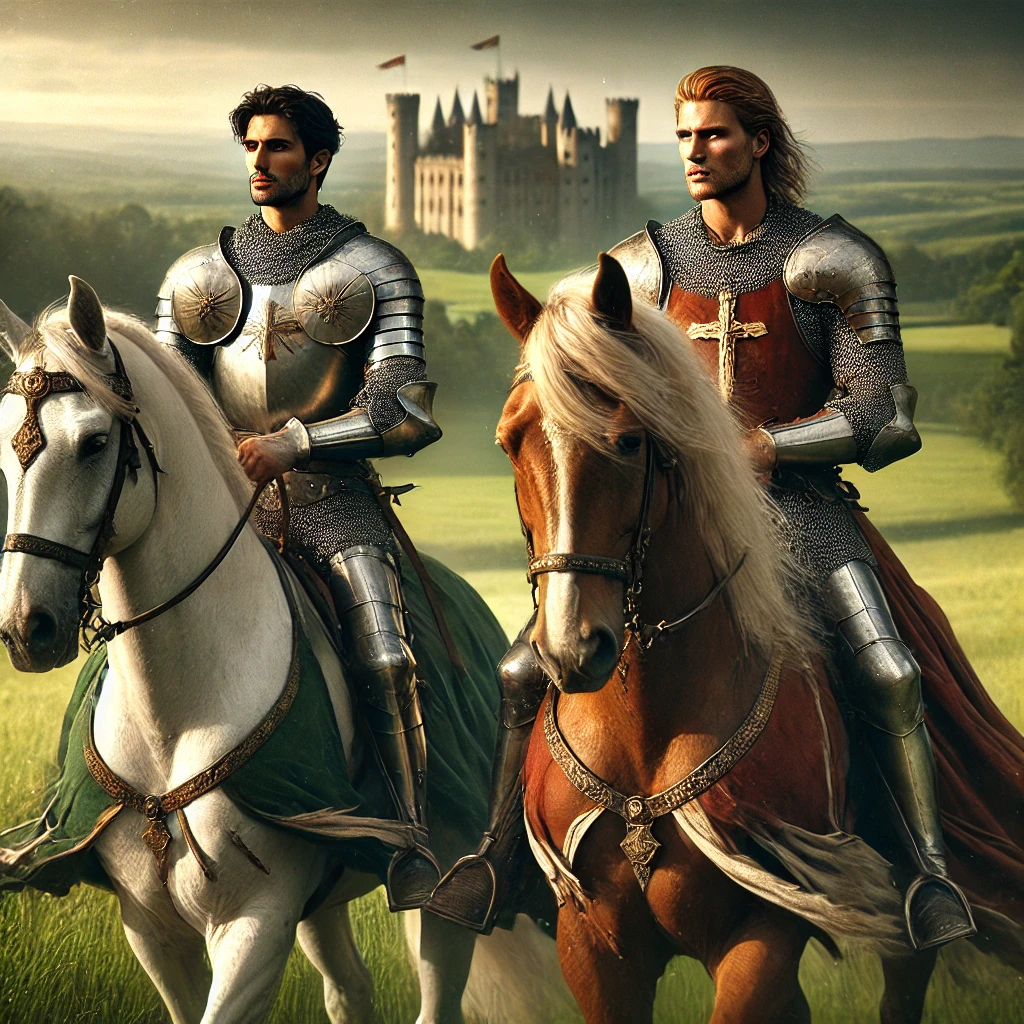 DALL·E 2025-02-26 15.56.16 – A highly realistic and refined depiction of two strong, noble medieval knights riding horseback side by side through the rolling green fields outside DALL·E 2025-02-26 15.56.16 - A highly realistic and refined depiction of two strong, noble medieval knights riding horseback side by side through the rolling green fields outside