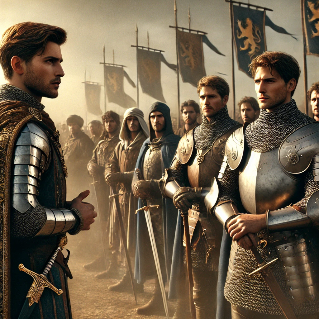 DALL·E 2025-02-26 16.08.05 - A highly realistic and powerful depiction of a noble medieval knight standing before his fellow warriors, facing them directly as he gives orders with