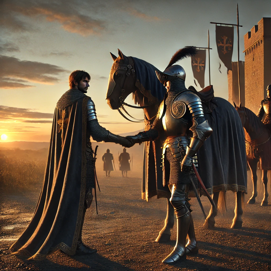 DALL·E 2025-02-26 16.46.35 - A highly realistic and deeply emotional depiction of two noble medieval knights parting ways outside at dusk, knowing this may be the last time they s
