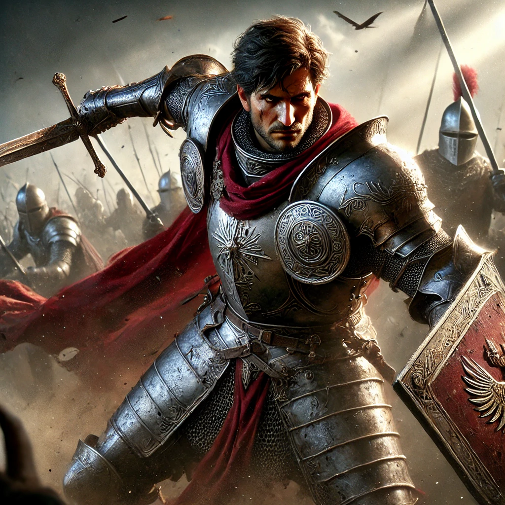 DALL·E 2025-02-28 15.11.29 – A highly realistic depiction of a courageous medieval knight in the heat of battle. The knight is clad in battle-worn, intricately engraved plate armo DALL·E 2025-02-28 15.11.29 - A highly realistic depiction of a courageous medieval knight in the heat of battle. The knight is clad in battle-worn, intricately engraved plate armo