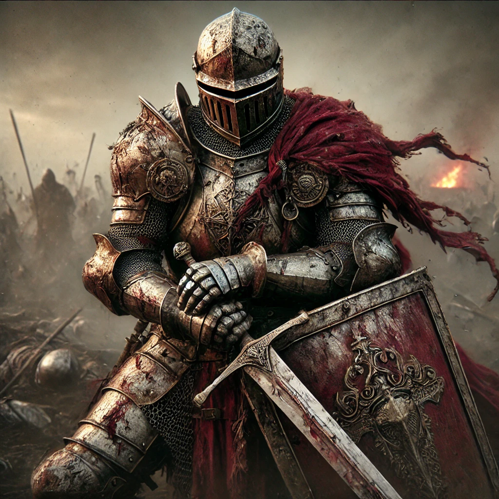 DALL·E 2025-02-28 15.12.33 – A highly realistic depiction of a courageous medieval knight in the midst of a long and grueling battle. His intricately engraved plate armor is heavi DALL·E 2025-02-28 15.12.33 - A highly realistic depiction of a courageous medieval knight in the midst of a long and grueling battle. His intricately engraved plate armor is heavi