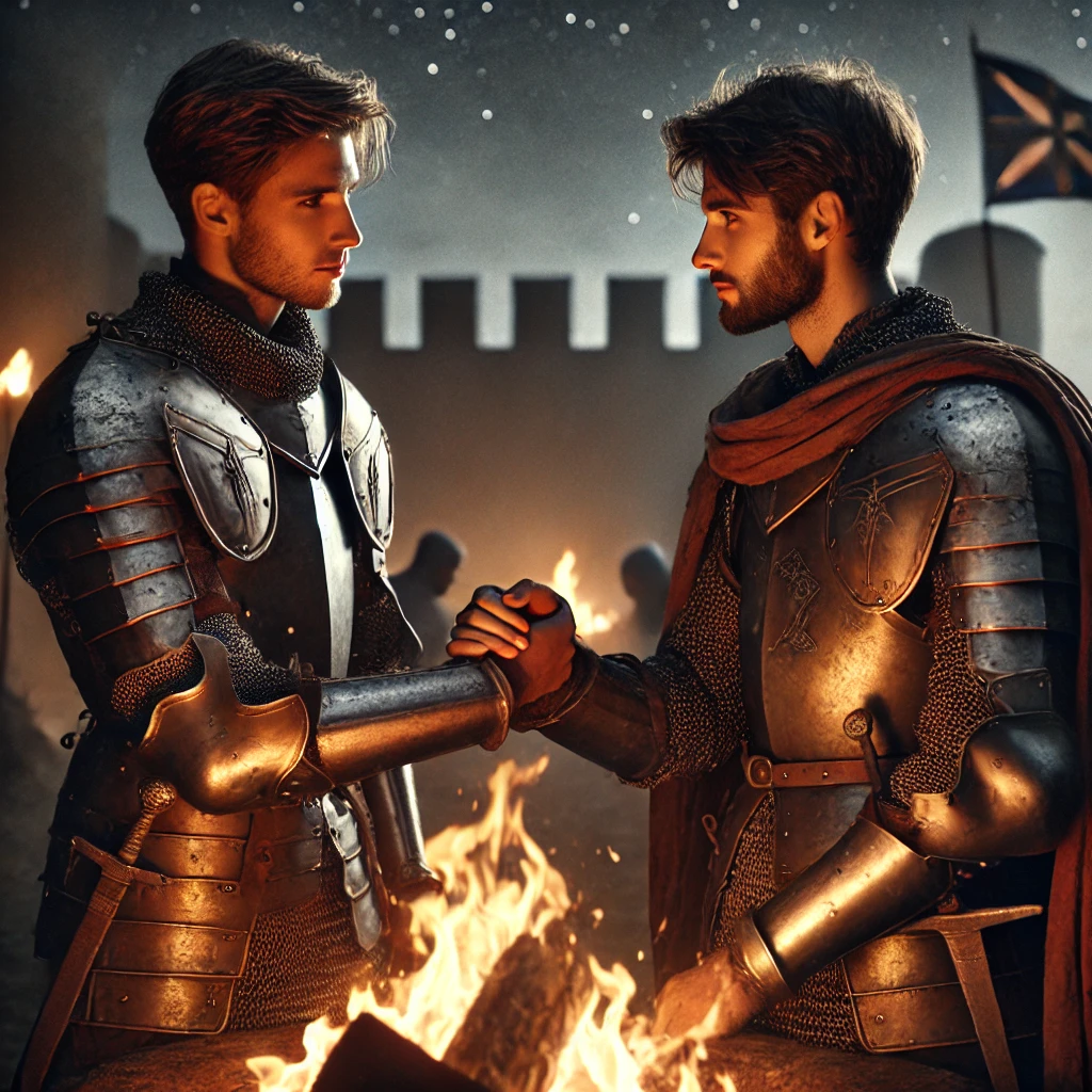DALL·E 2025-02-28 19.40.27 – A highly realistic depiction of two young, strong medieval knights shaking hands by a fire, signifying a peaceful resolution. They are clad in well-cr DALL·E 2025-02-28 19.40.27 - A highly realistic depiction of two young, strong medieval knights shaking hands by a fire, signifying a peaceful resolution. They are clad in well-cr