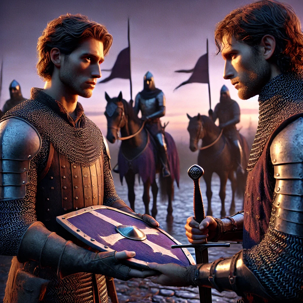 DALL·E 2025-03-01 22.07.40 – A hyper-realistic medieval scene at dusk, showing two knights in their twenties or thirties, both strong and athletic, wearing authentic, rugged chain DALL·E 2025-03-01 22.07.40 - A hyper-realistic medieval scene at dusk, showing two knights in their twenties or thirties, both strong and athletic, wearing authentic, rugged chain