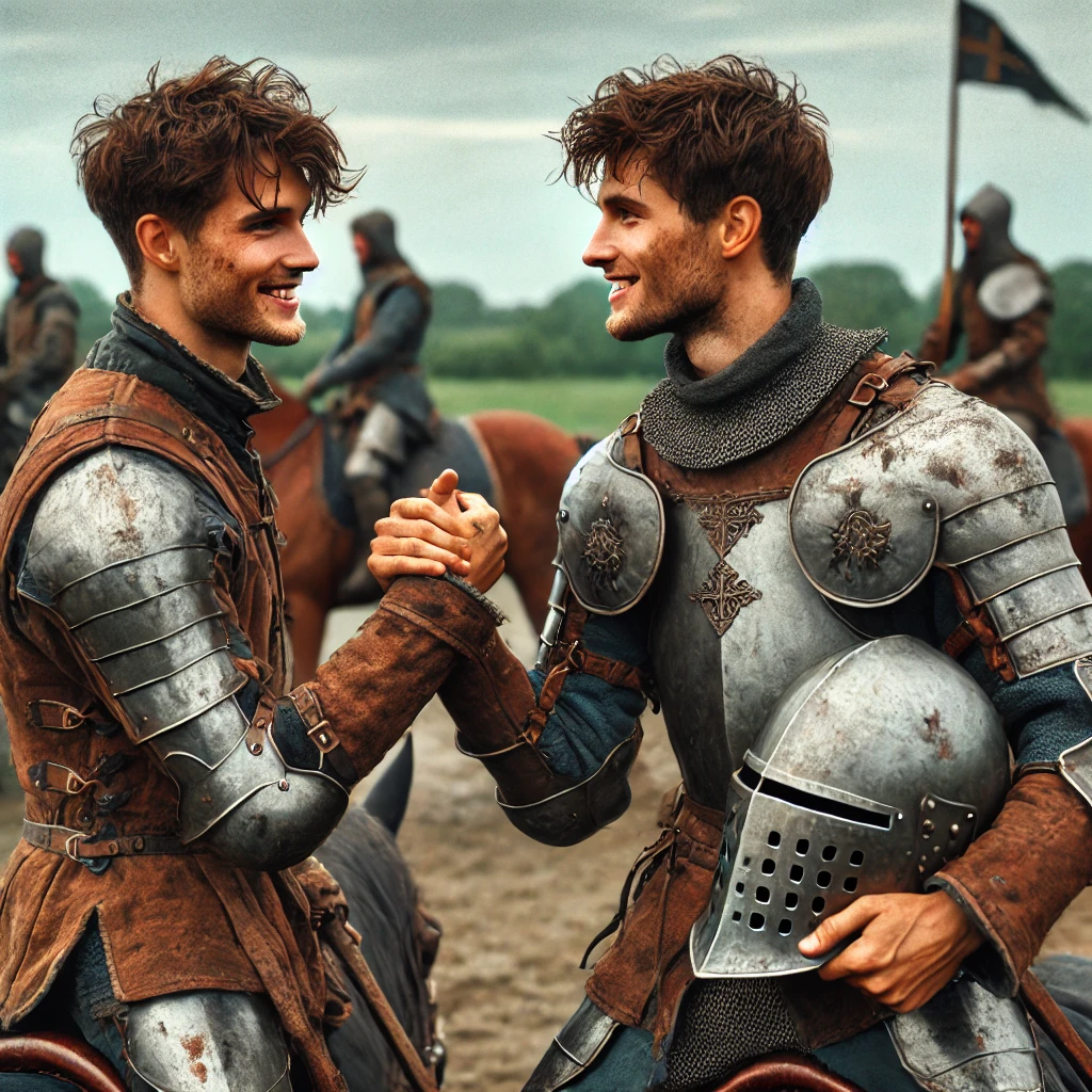 DALL·E 2025-03-02 17.55.17 - A hyper-realistic medieval scene showing two young, strong knights in their twenties congratulating each other after a jousting match. Both have athle