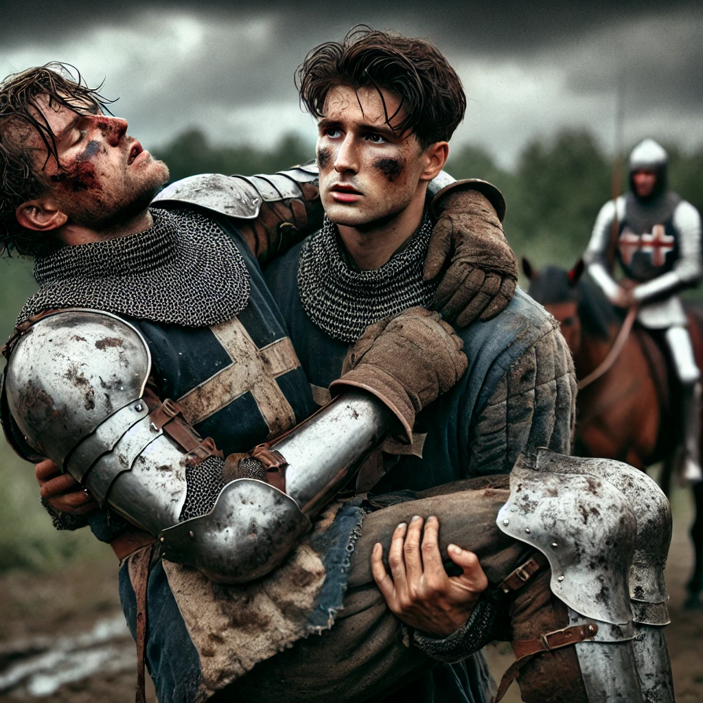 DALL·E 2025-03-02 20.50.58 - Ultra-realistic medieval scene of a young, strong knight in his twenties helping his injured comrade. Both wear authentic, weathered armor with dirt-s