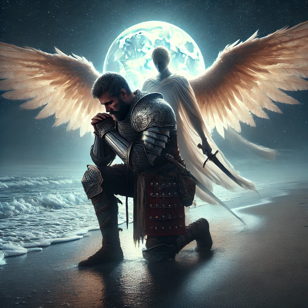 DALL·E 2025-03-03 13.29.51 - An ultra-realistic medieval scene of a strong, courageous knight kneeling in solemn prayer on a moonlit beach. Behind him stands a radiant, heavenly c