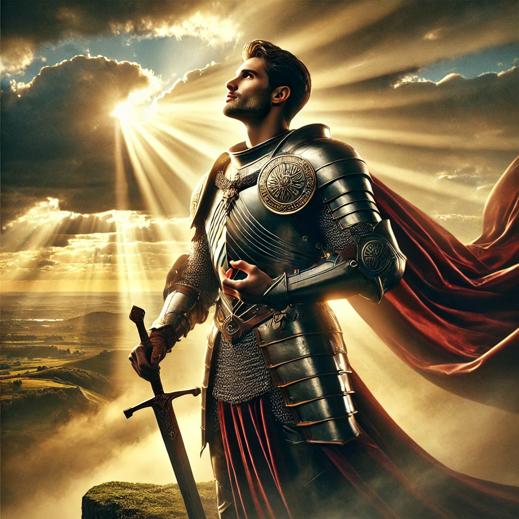 DALL·E 2025-03-07 16.12.38 - A hyper-realistic and powerful image of a strong, noble knight standing on a high cliff, looking up toward the sun with deep courage and divine inspir