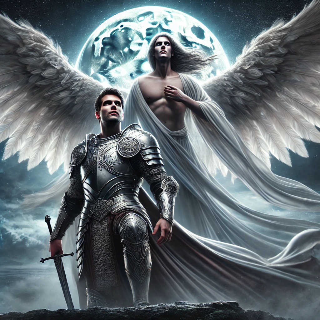 DALL·E 2025-03-07 16.28.03 - A hyper-realistic and powerful image of a strong, noble knight standing on a high cliff under the moonlight, looking up with deep courage and divine i