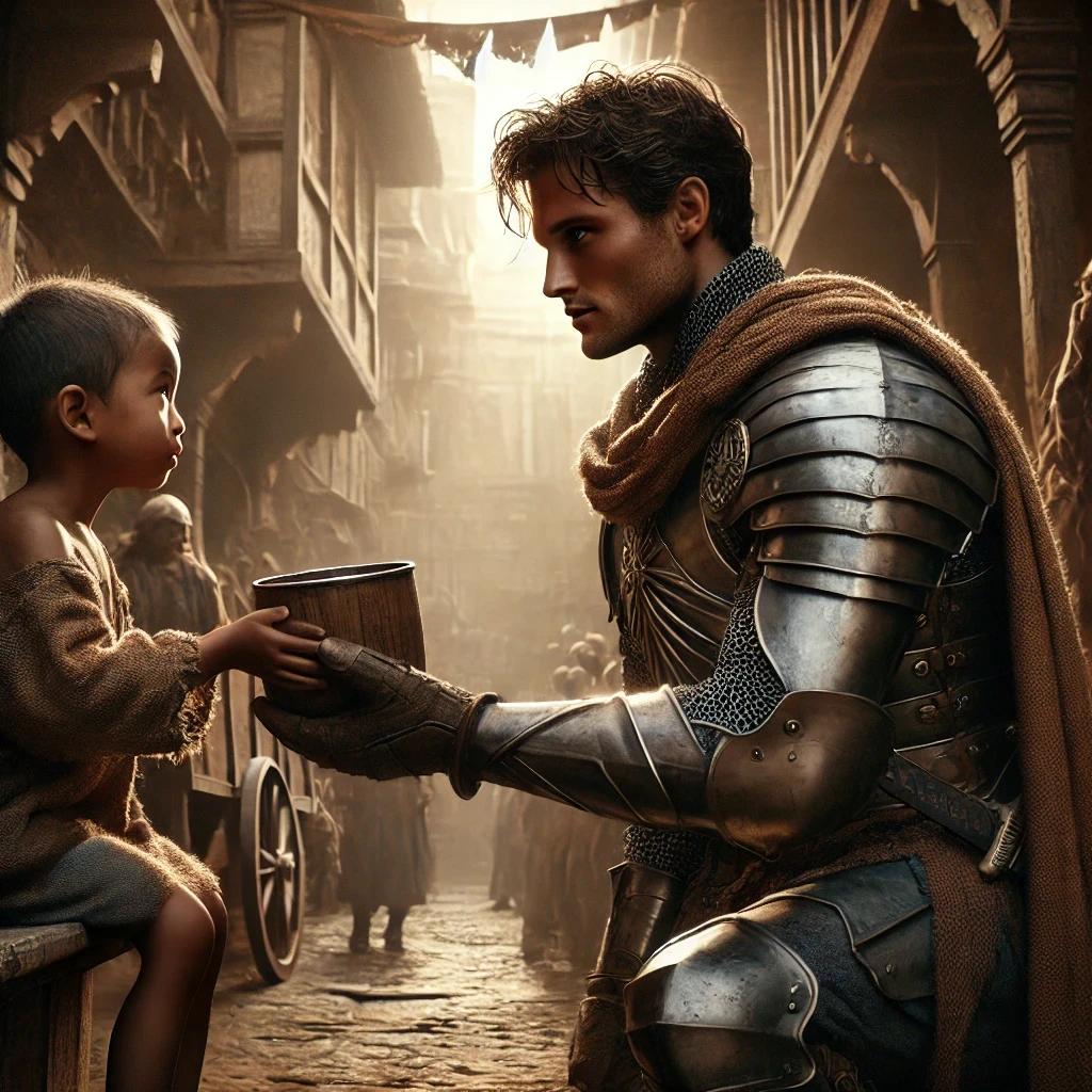 DALL·E 2025-03-08 14.47.16 – A hyper-realistic and emotionally powerful image of a young, strong, and determined knight in a medieval city, bending down to offer a child a drink o DALL·E 2025-03-08 14.47.16 - A hyper-realistic and emotionally powerful image of a young, strong, and determined knight in a medieval city, bending down to offer a child a drink o