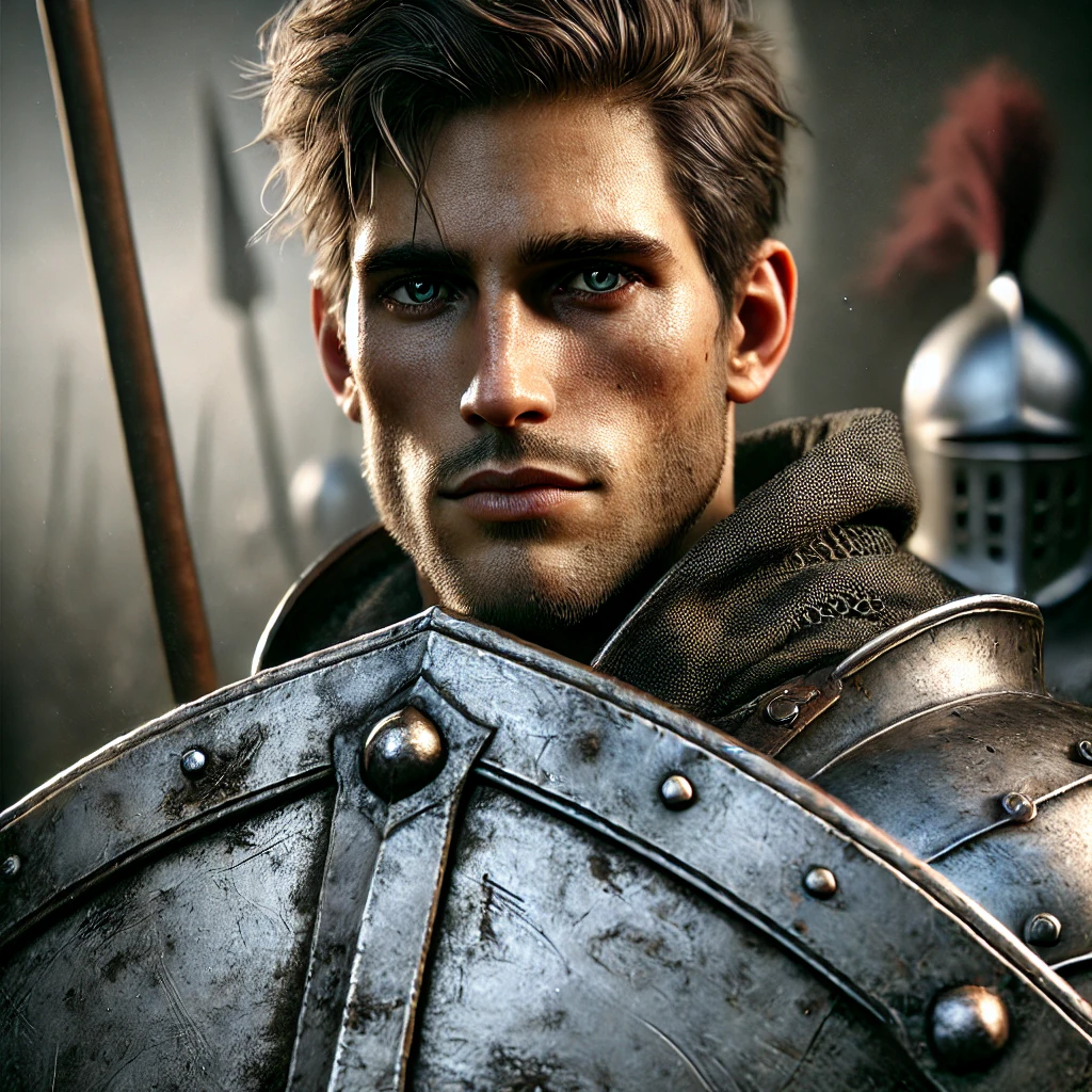 DALL·E 2025-03-09 21.48.31 - An ultra-realistic digital painting of a tall, young, and strong medieval knight, with a dramatic focus on his large steel shield and a deeply courage