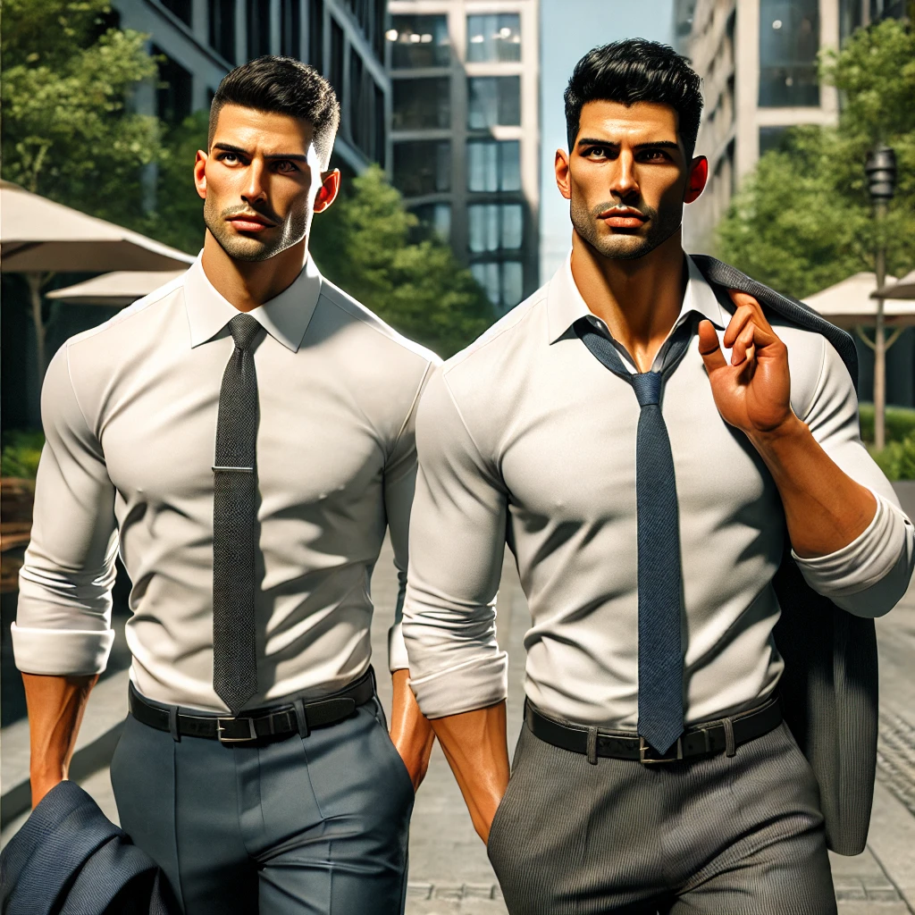 DALL·E 2025-04-28 17.26.44 - A hyper-realistic, candid photo-style scene of two strong, confident men in their early 30s walking together through a sunny city street after a busin