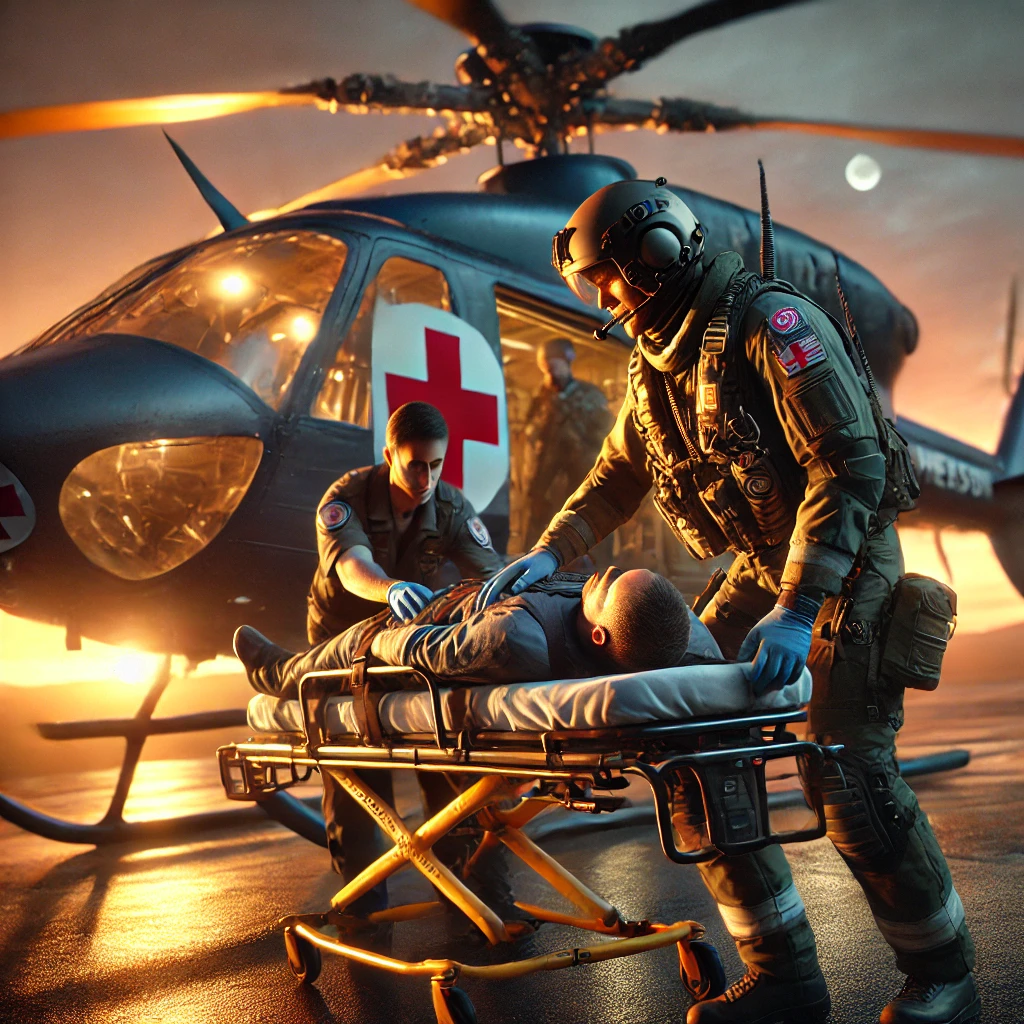 DALL·E 2025-06-17 17.53.28 - A highly realistic scene of a heroic helicopter pilot assisting with a life flight medical evacuation at dusk. The pilot, wearing a flight suit, rescu