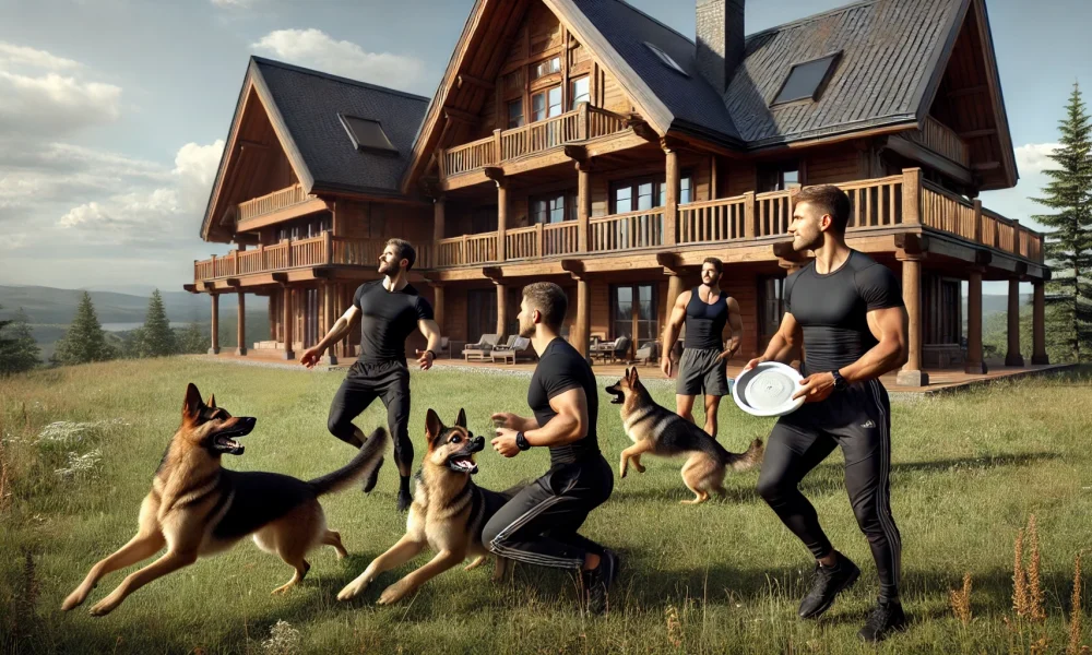 DALL·E 2024-11-03 16.05.30 - A highly realistic scene showing three athletic, fit men outside a large, rustic lodge, engaged in conversation and playing with German Shepherd dogs