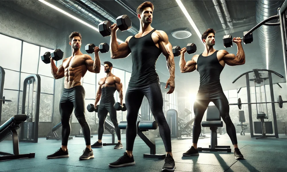 DALL·E 2024-11-03 20.13.04 - A highly realistic scene showing four athletic, fit men in a modern gym, lifting two separate dumbbells above their heads with arms fully extended. Th