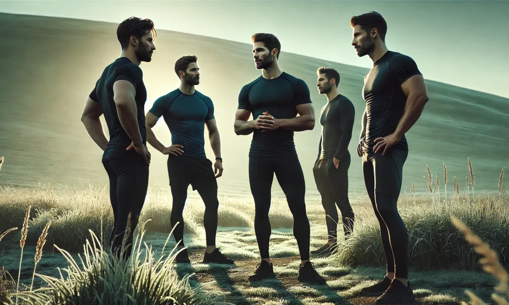 DALL·E 2024-11-03 20.14.41 - A highly realistic scene showing four athletic, fit men standing outside in the early morning, engaged in a serious conversation. The men are dressed